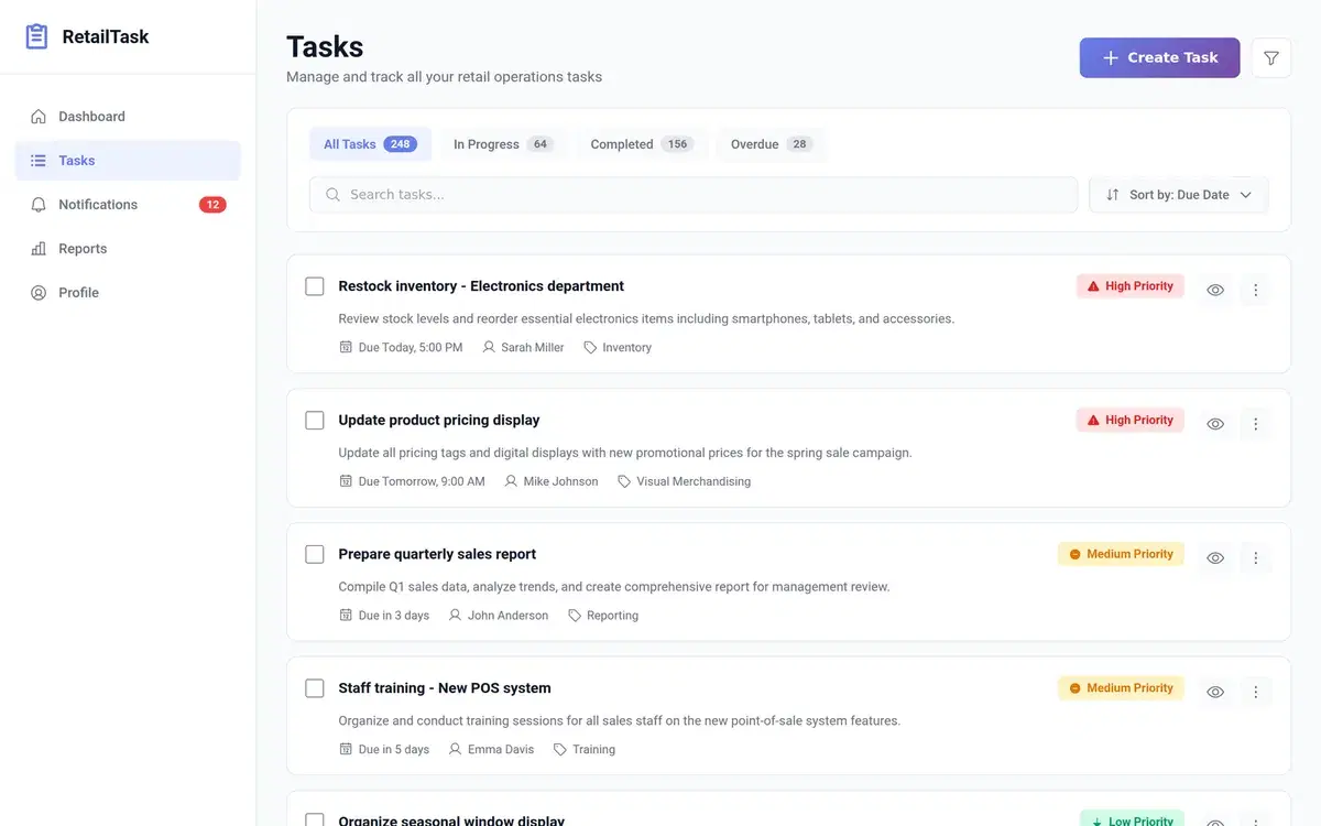 Retail Task Tracking and Notification Dashboard — UI design generated in Figma with AI
