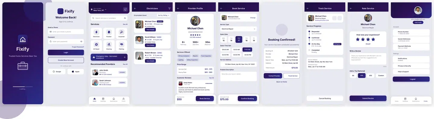 Service Booking App Notifications And Reviews — full booking & travel design generated with Fluvara AI in Figma