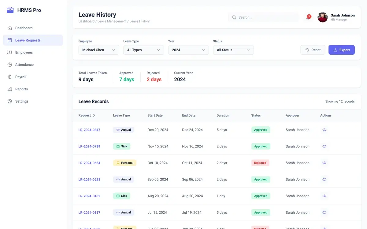 HRMS Leave Management Dashboard Screens — UI design generated in Figma with AI