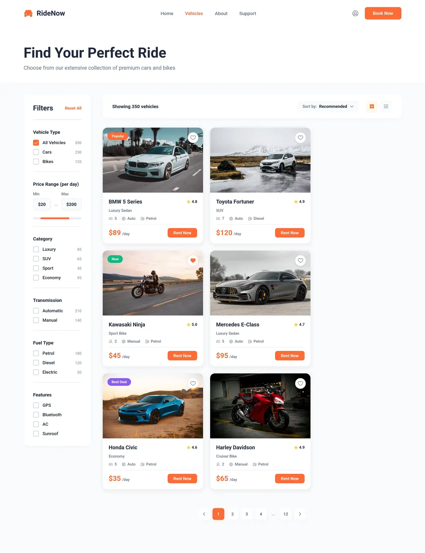 Vehicle Rental Website With Car and Bike Booking — full booking & travel design generated with Fluvara AI in Figma