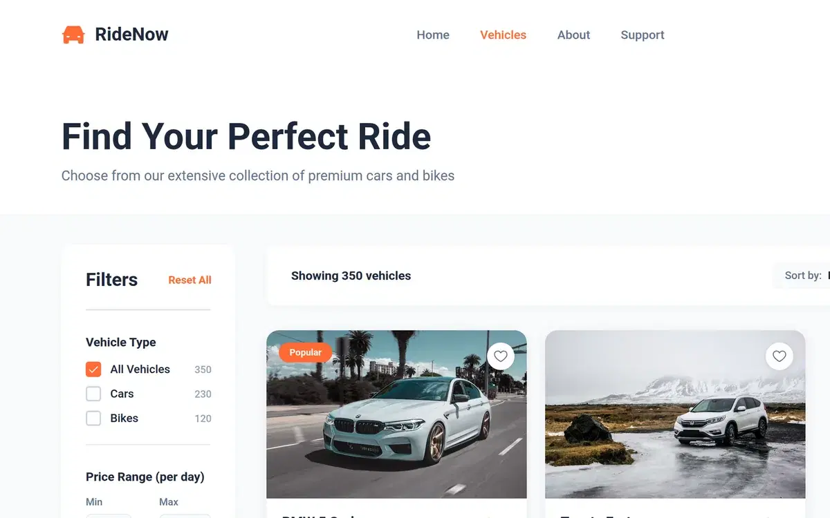Vehicle Rental Website With Car and Bike Booking — UI design generated in Figma with AI