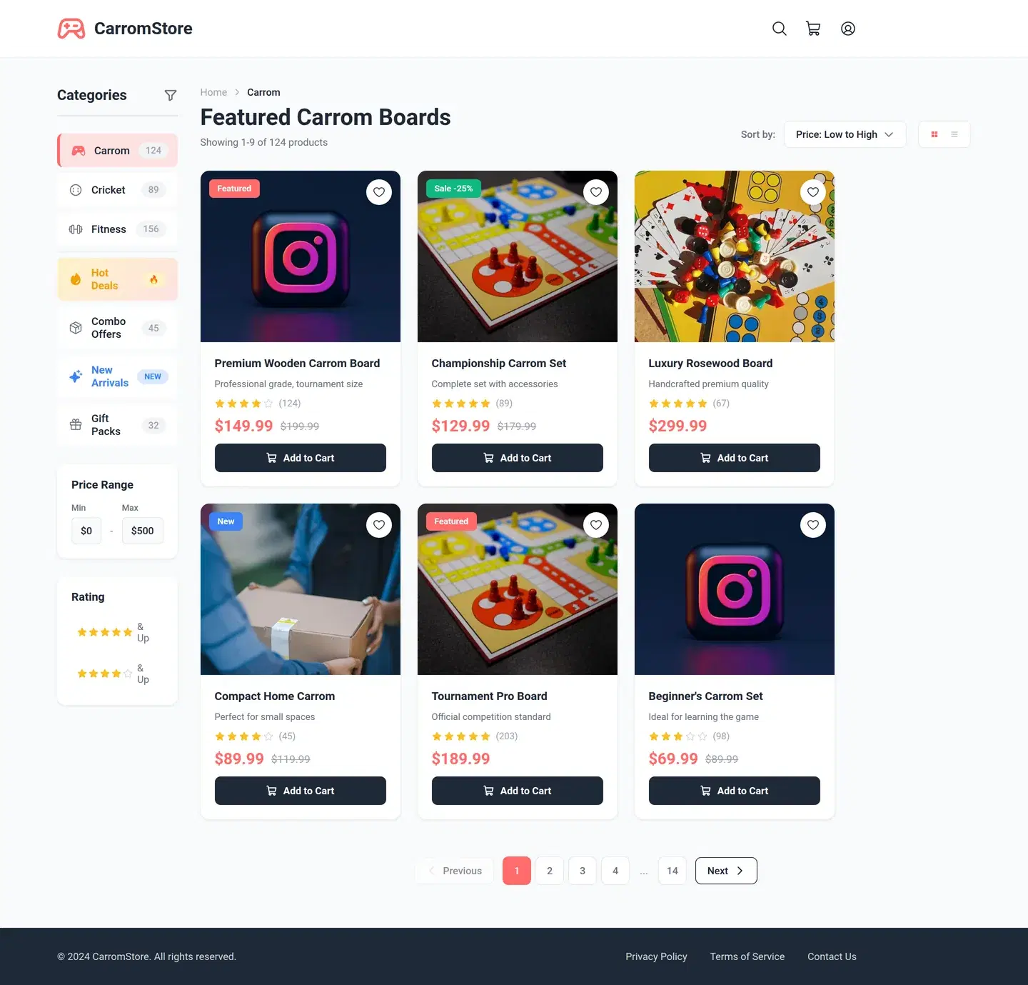 Carrom Board Featured Products Listing Page — full e-commerce design generated with Fluvara AI in Figma