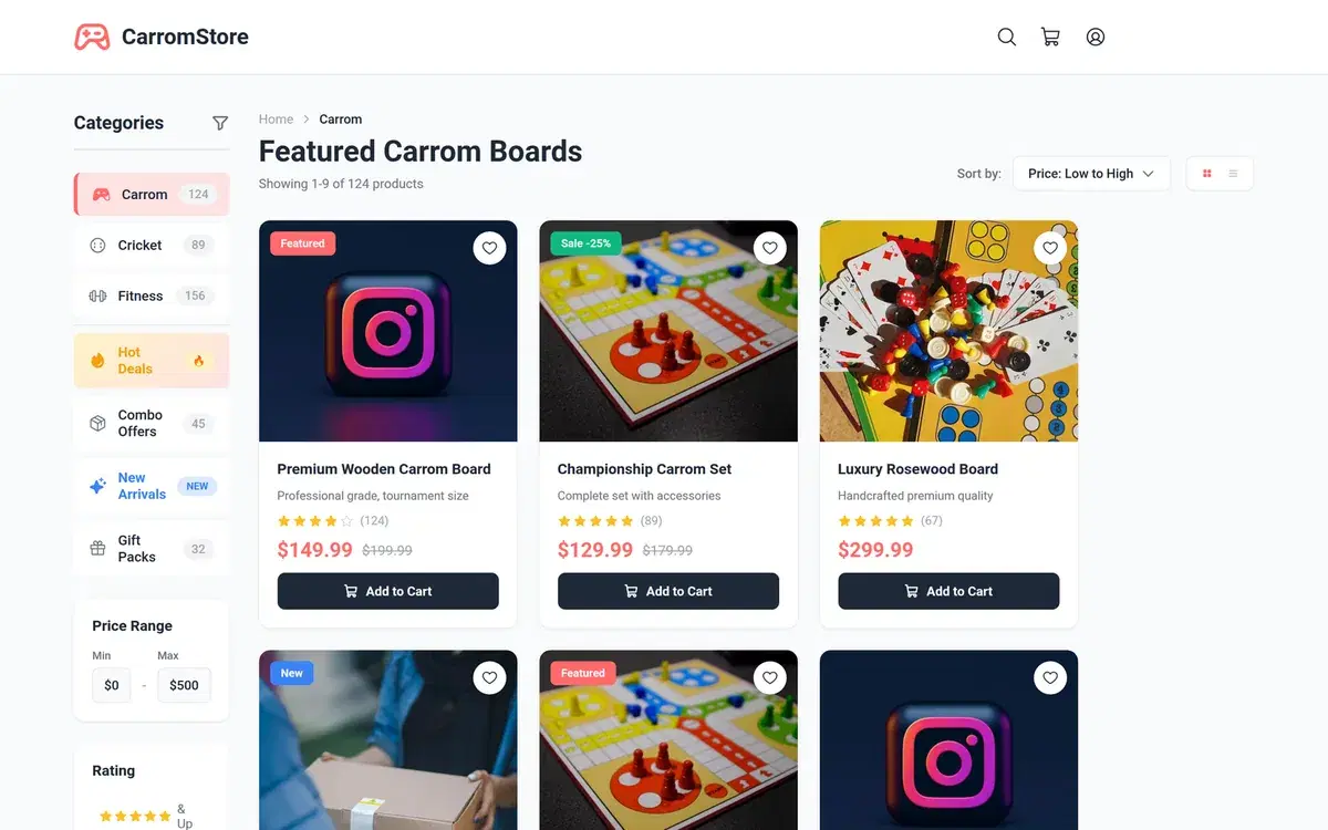 Carrom Board Featured Products Listing Page — UI design generated in Figma with AI