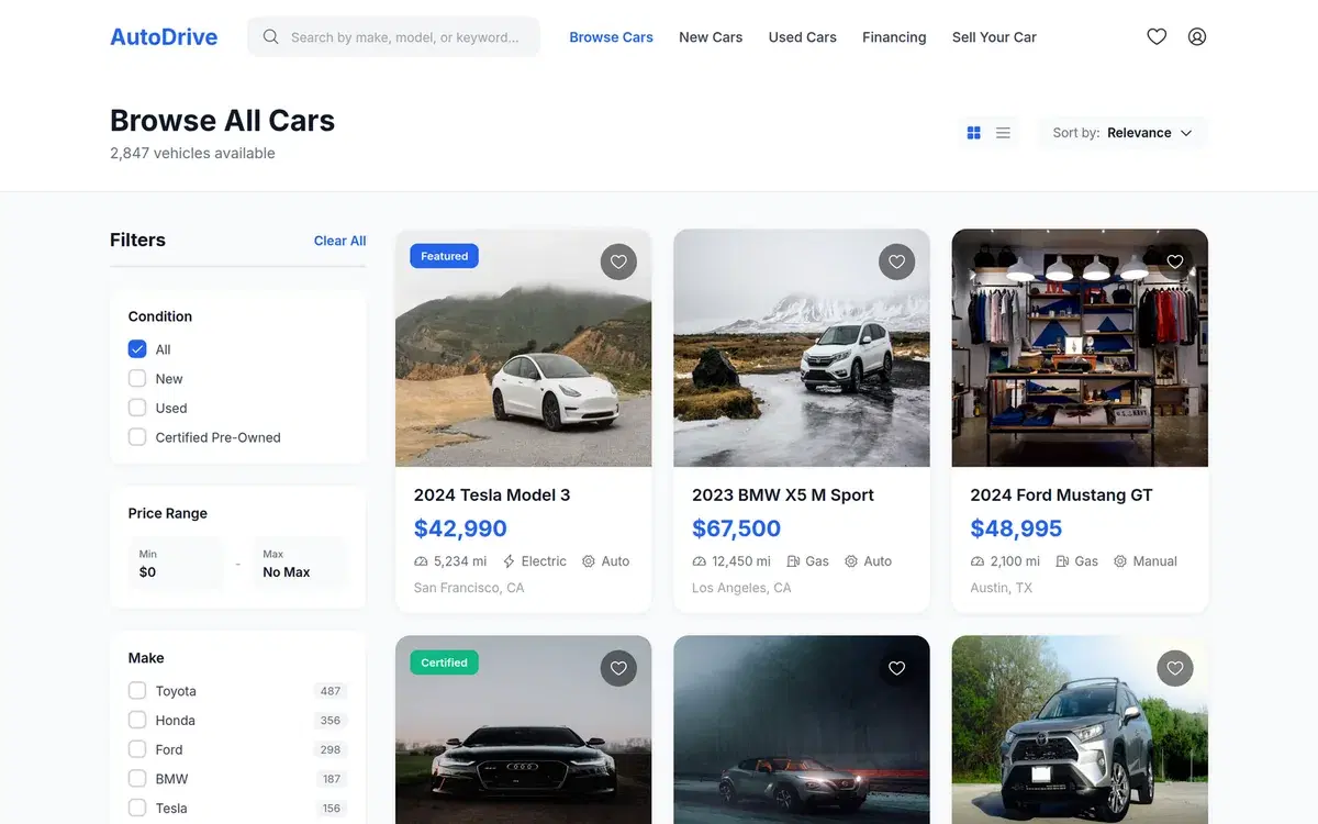 Car Marketplace with Comparison and Favorites — UI design generated in Figma with AI