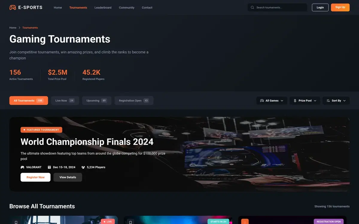 E-Sports Tournament Platform Dashboard — UI design generated in Figma with AI