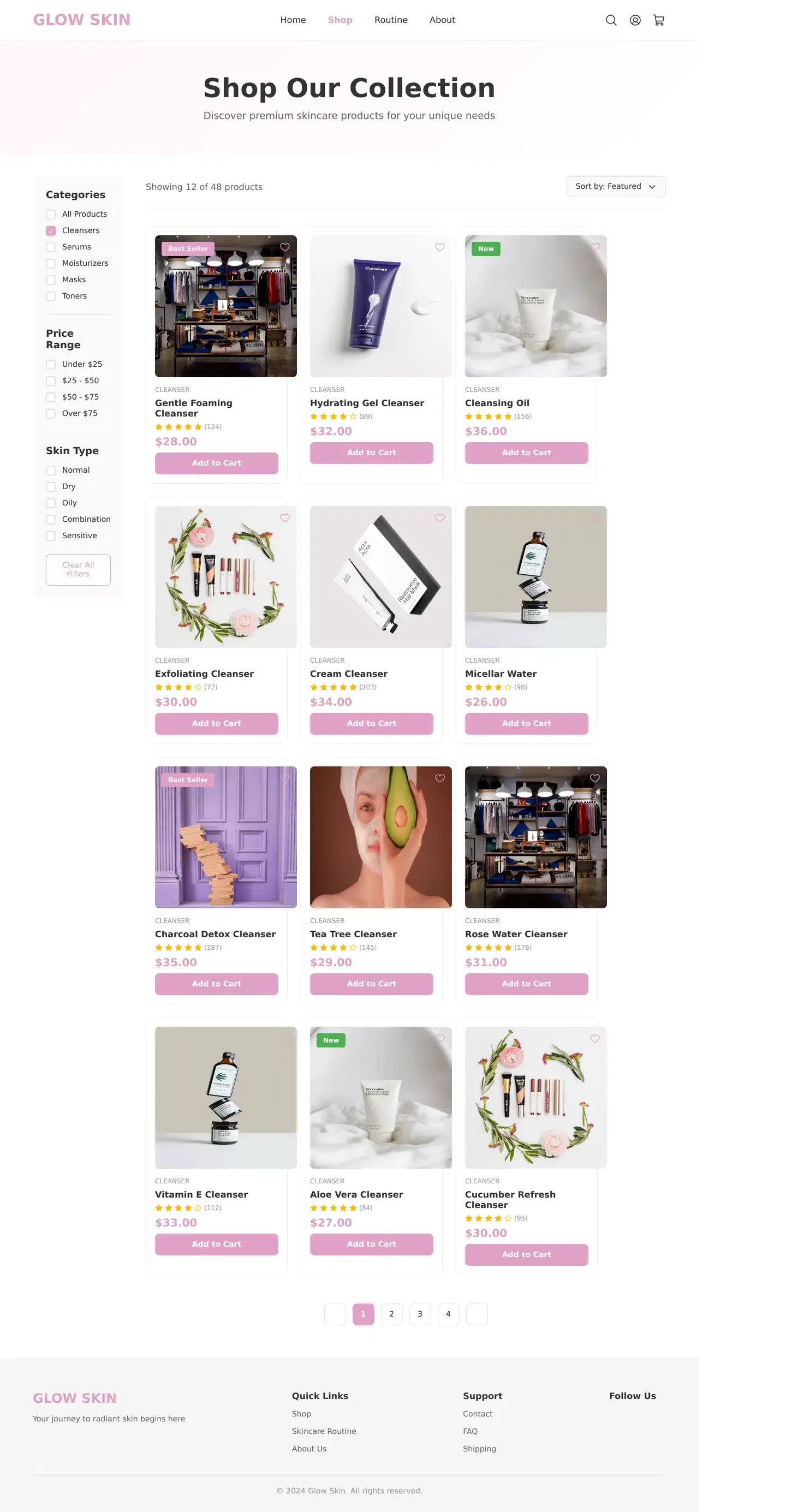 Skincare E-Commerce Website Multi-Page Design — full e-commerce design generated with Fluvara AI in Figma