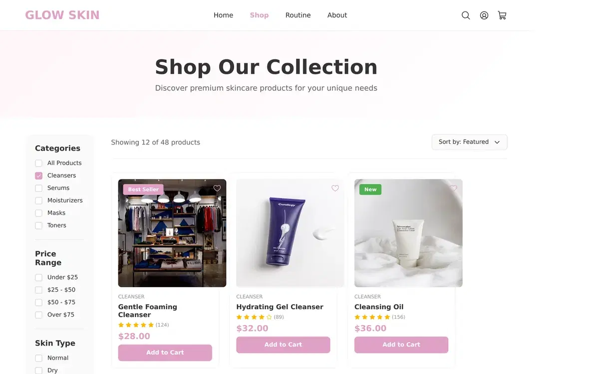 Skincare E-Commerce Website Multi-Page Design — UI design generated in Figma with AI