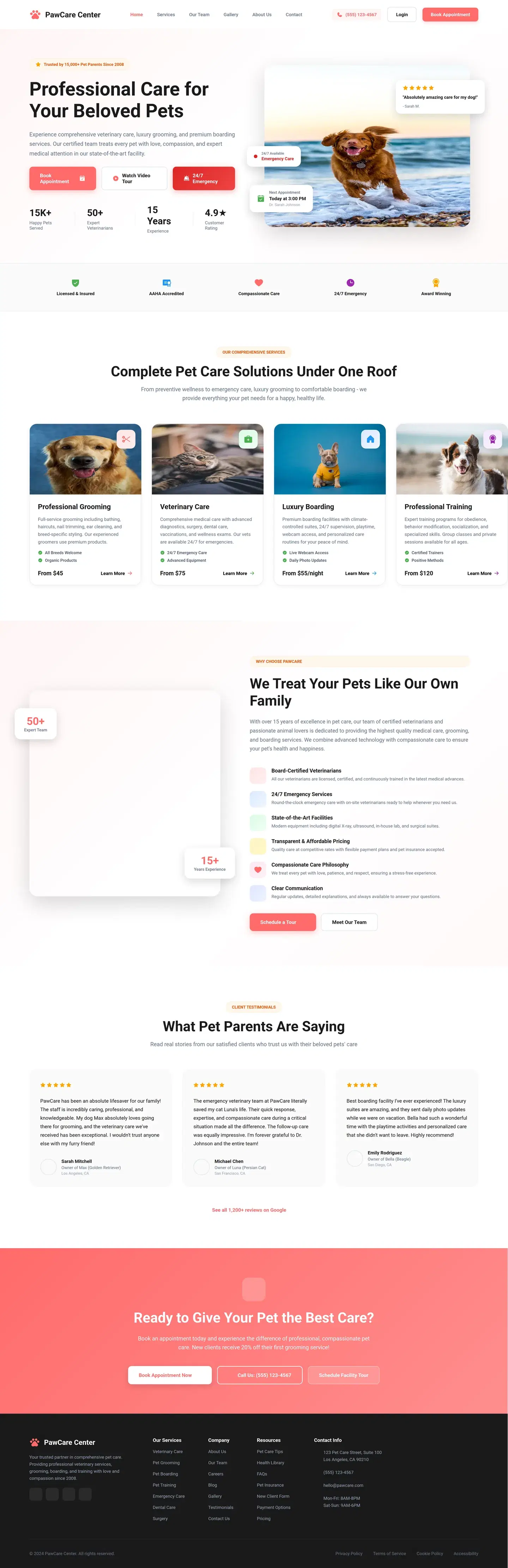 Pet Care Center Landing Page — full landing page design generated with Fluvara AI in Figma