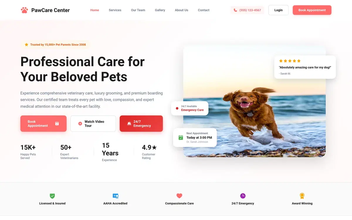Pet Care Center Landing Page — UI design generated in Figma with AI