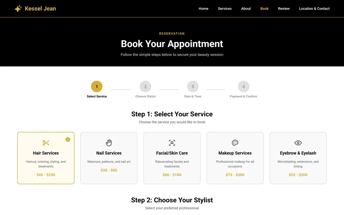 Salon Appointment Booking Web UI — UI design generated in Figma with AI