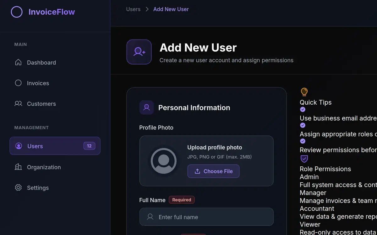 E-Invoice SaaS User And Organization Management — UI design generated in Figma with AI