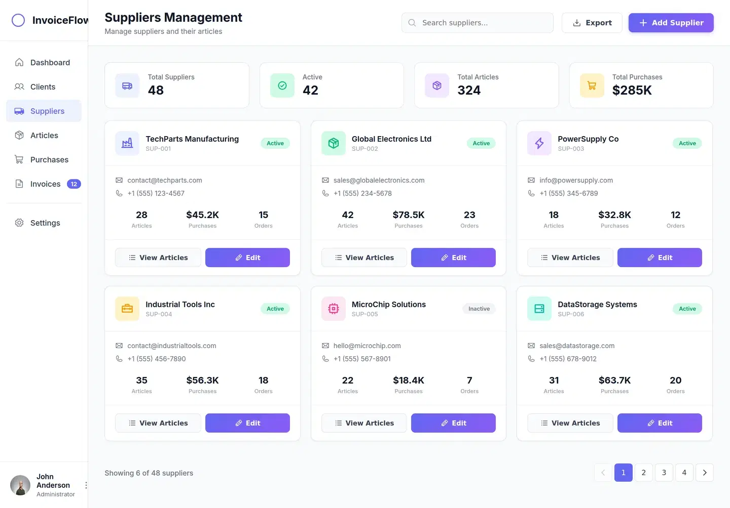 Invoice Management Web App for Clients and Suppliers — full saas & web app design generated with Fluvara AI in Figma