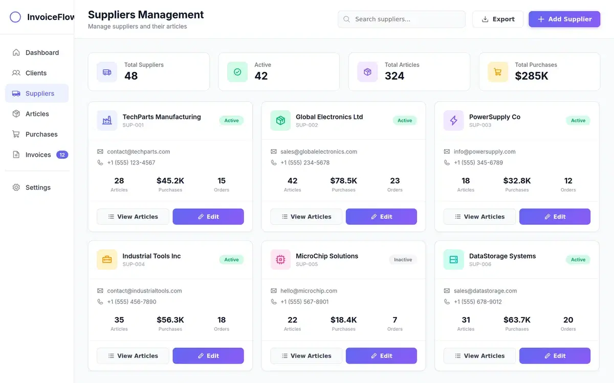 Invoice Management Web App for Clients and Suppliers — UI design generated in Figma by Fluvara AI