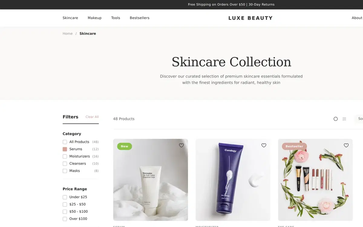 Luxury Beauty E-Commerce Desktop Storefront — UI design generated in Figma with AI