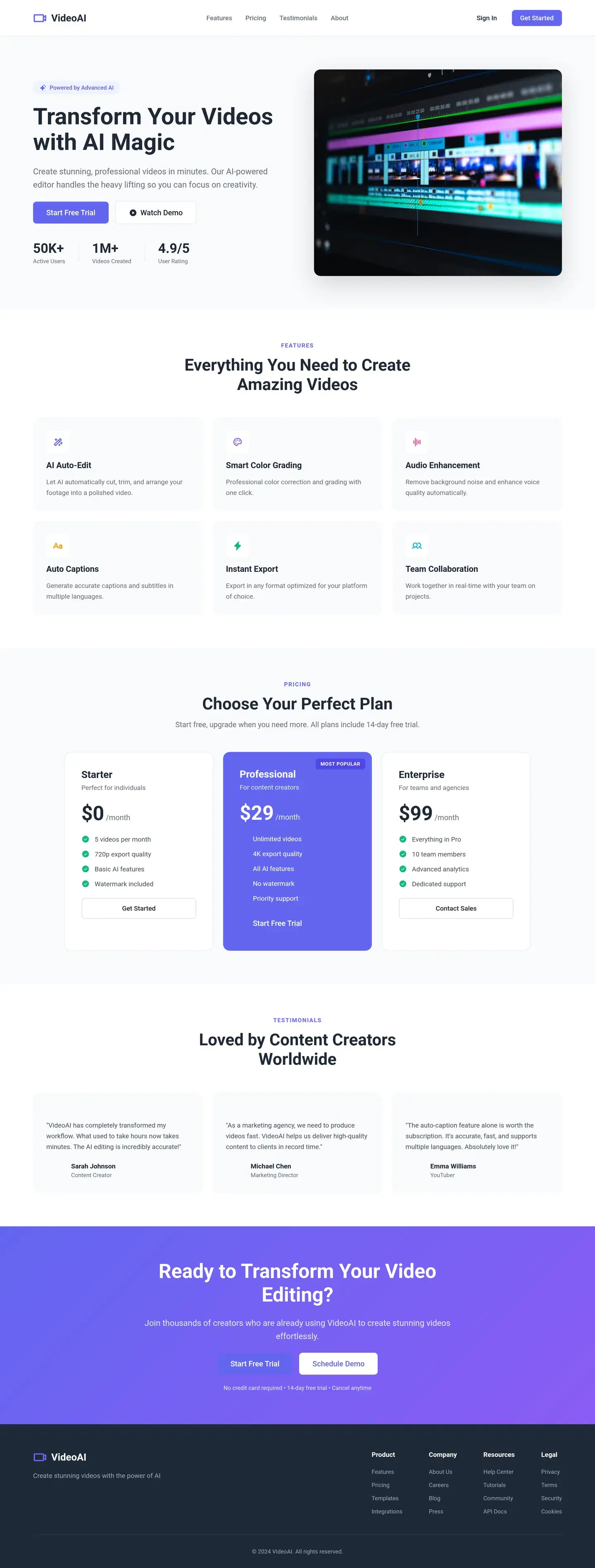 AI Video Editor SaaS Landing Page — full landing page design generated with Fluvara AI in Figma