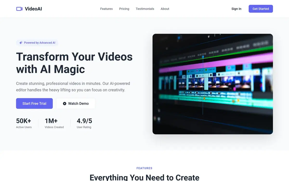 AI Video Editor SaaS Landing Page — UI design generated in Figma by Fluvara AI