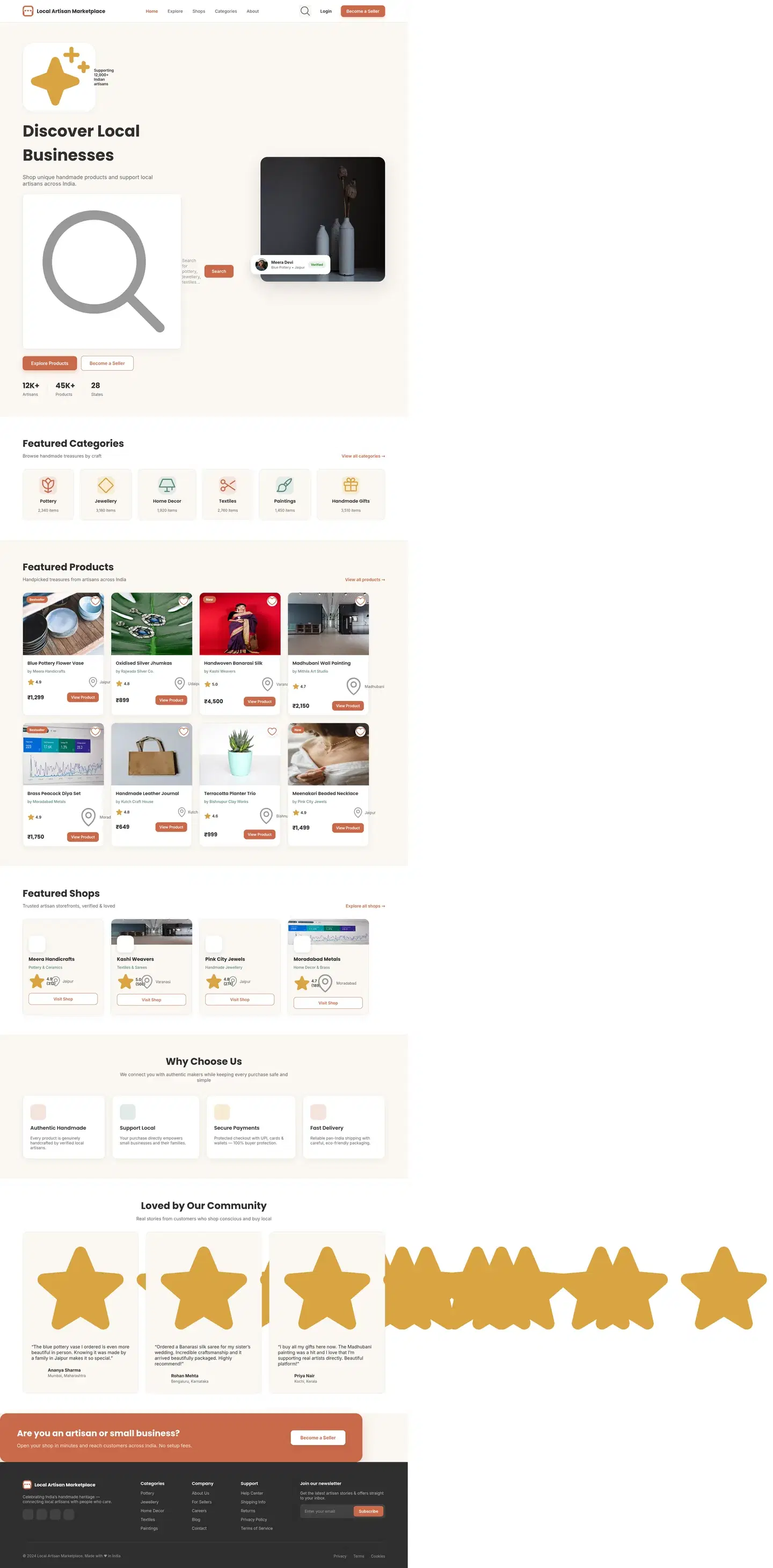 Local Artisan Product Listing Page — full e-commerce design generated with Fluvara AI in Figma