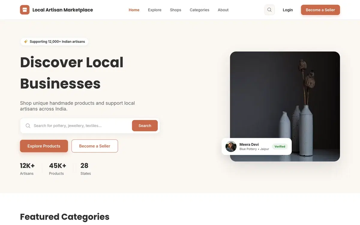 Local Artisan Product Listing Page — UI design generated in Figma by Fluvara AI